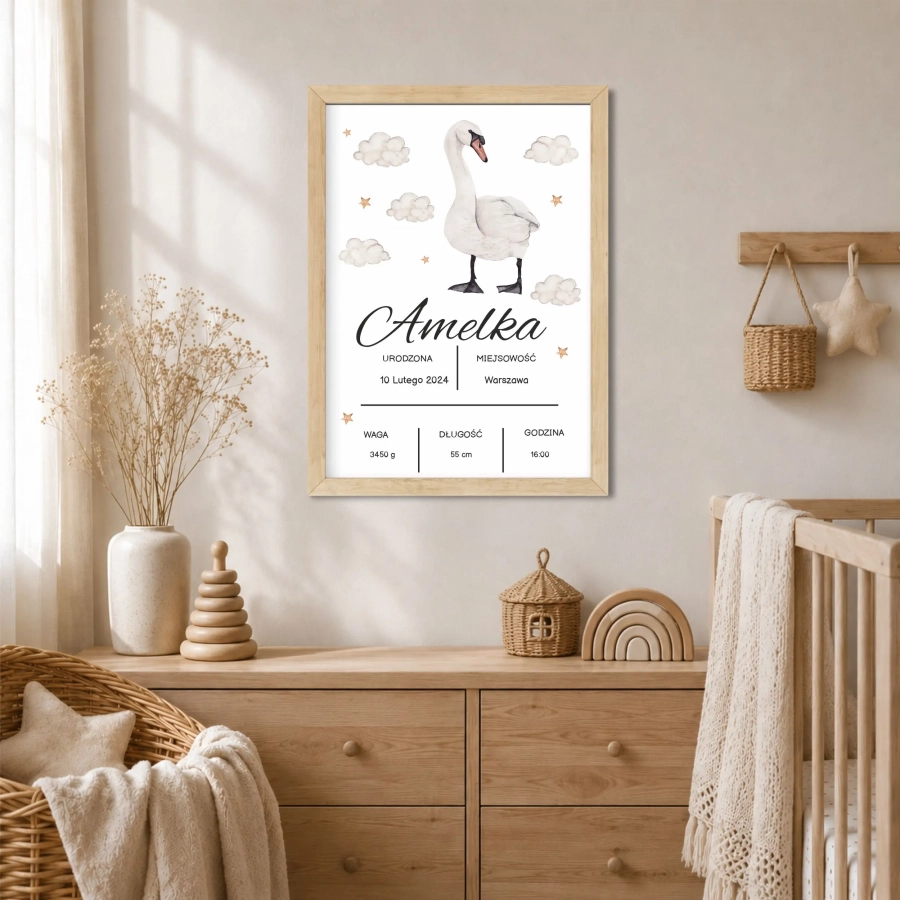 Personalizowany plakat metryczka z autorskim łabędziem