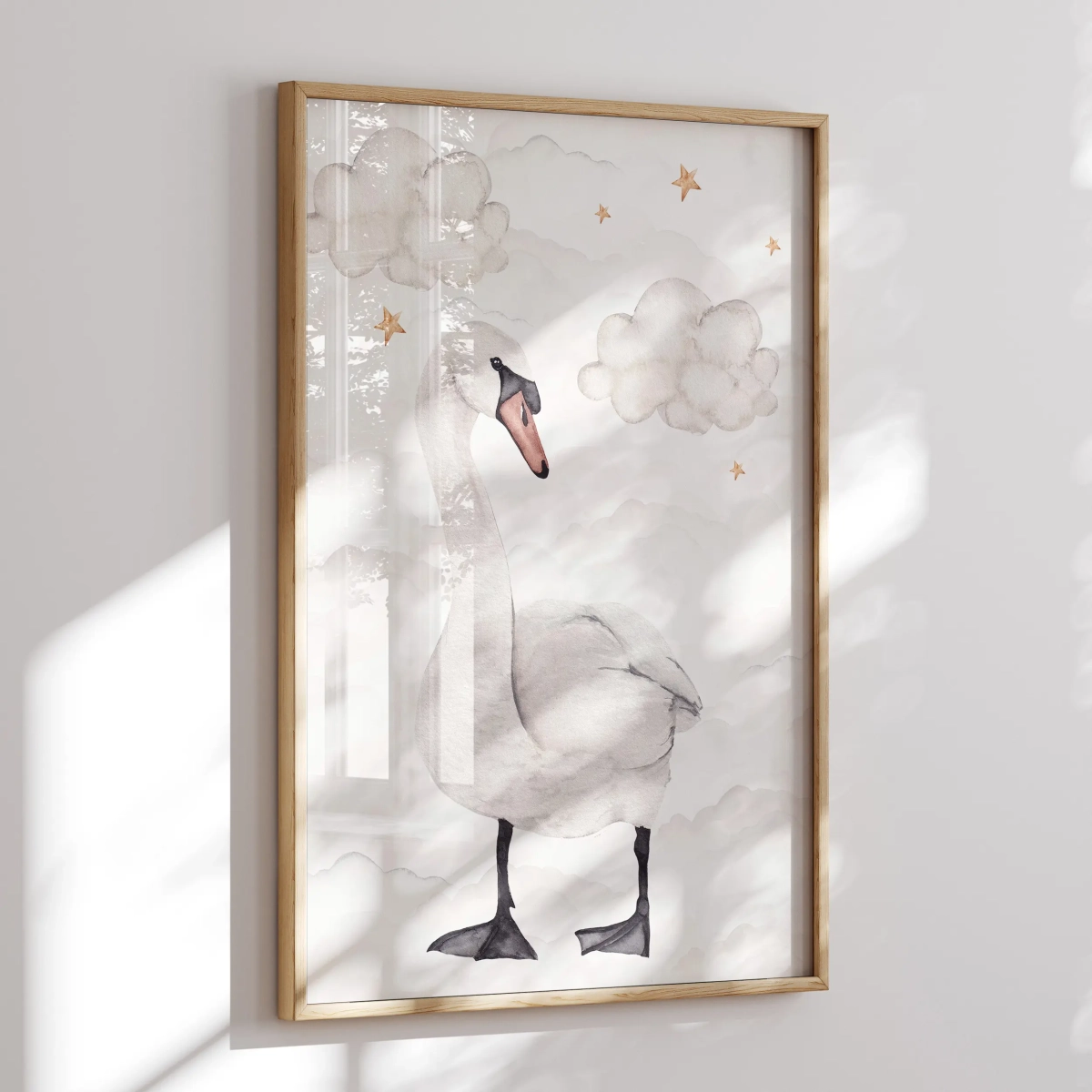 Plakat dziecięcy z łabędziem i chmurami