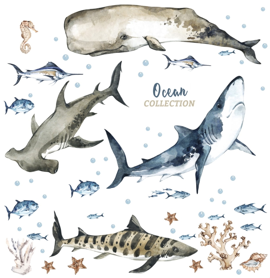 Zestaw naklejek ocean z rekinami, miecznikiem i rybami