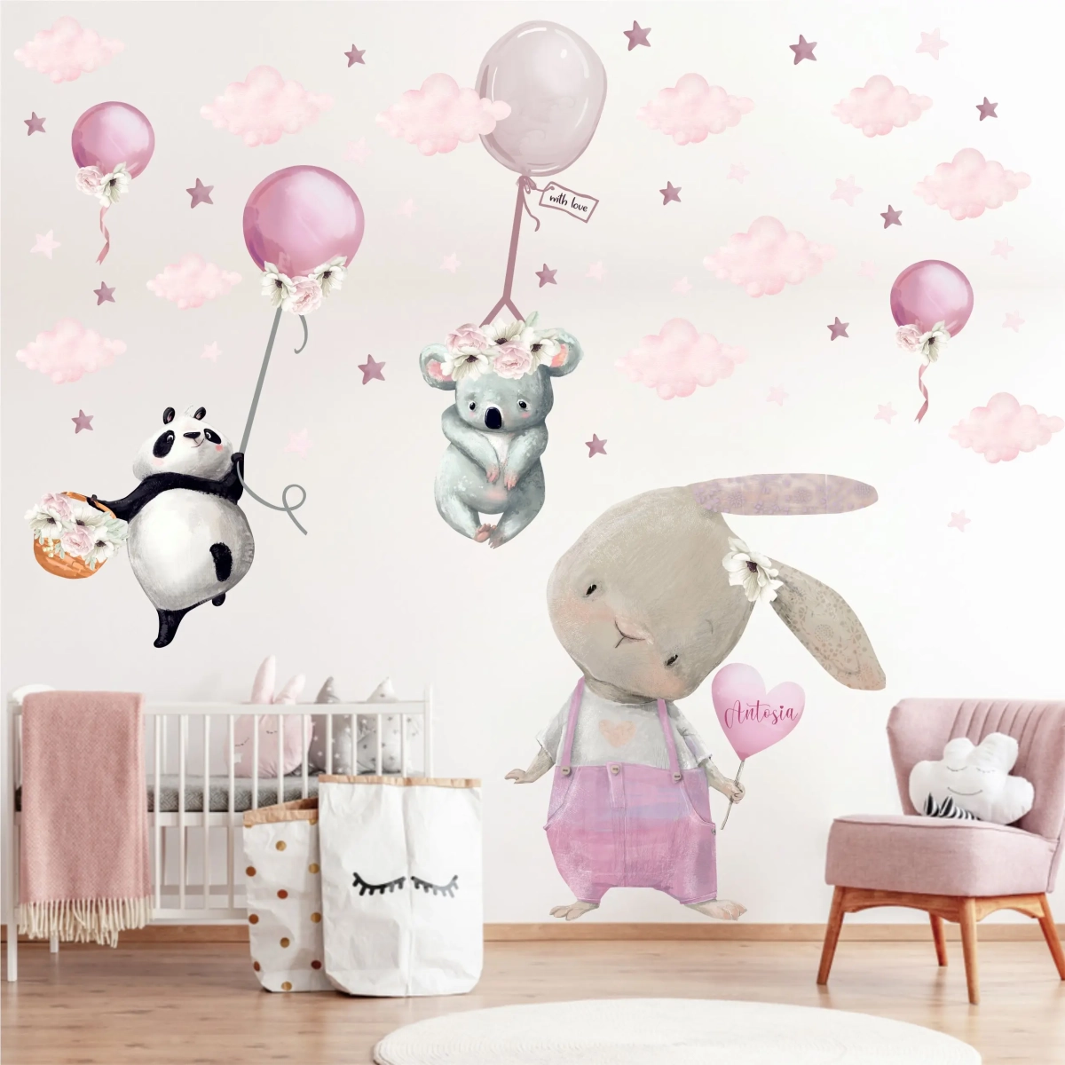 Latająca panda, koala i zajączek – pastelowa naklejka na ścianę
