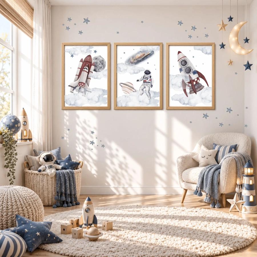 Tryptyk Kosmos nr 9 – zestaw 3 plakatów z rakietami i astronautą do pokoju dziecka.