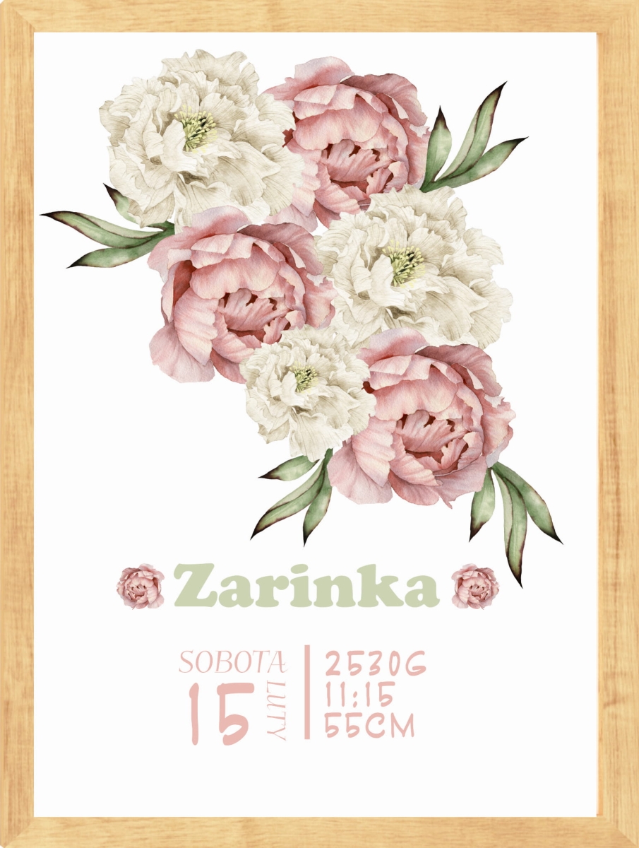 Metryczka dla dziewczynki piwonie Mała Pracownia DK.jpg