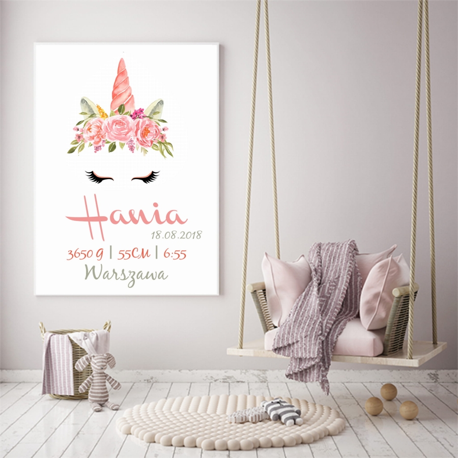 Metryczka dla dziewczynki jednorożec,kwiaty .jpg