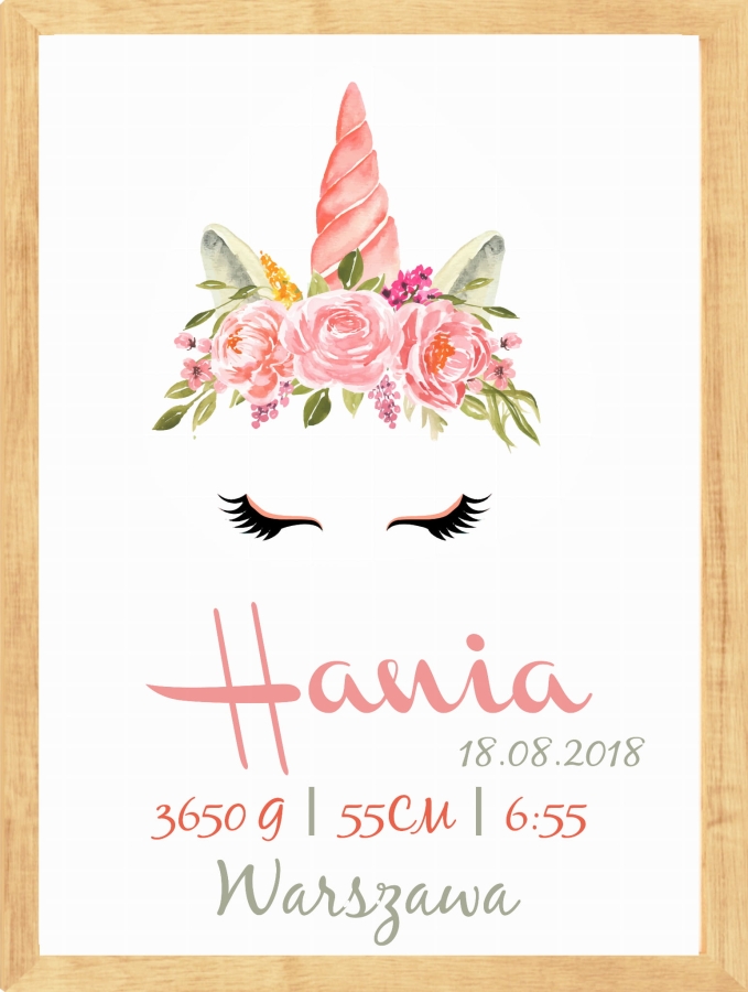 Metryczka dla dziewczynki jednorożec,kwiaty  .jpg
