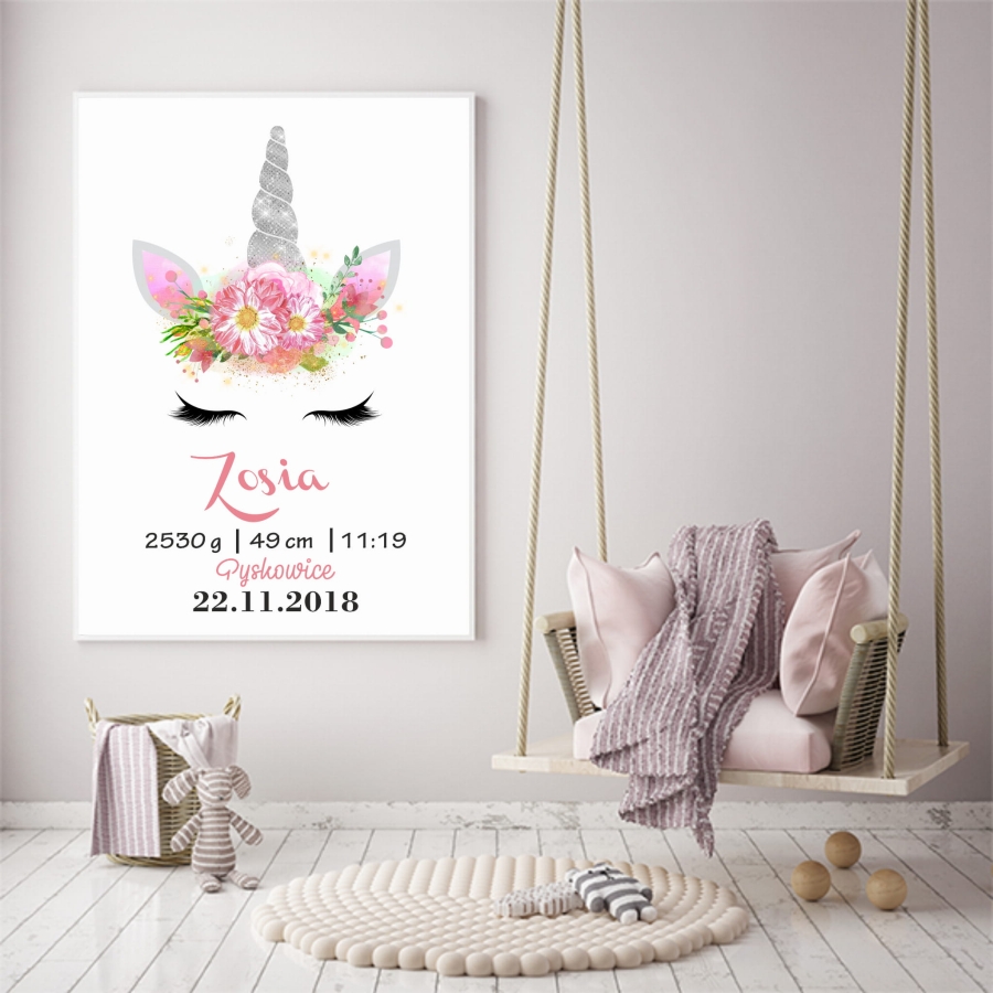 Metryczka dla dziewczynki jednorożec,kwiaty VI  .jpg