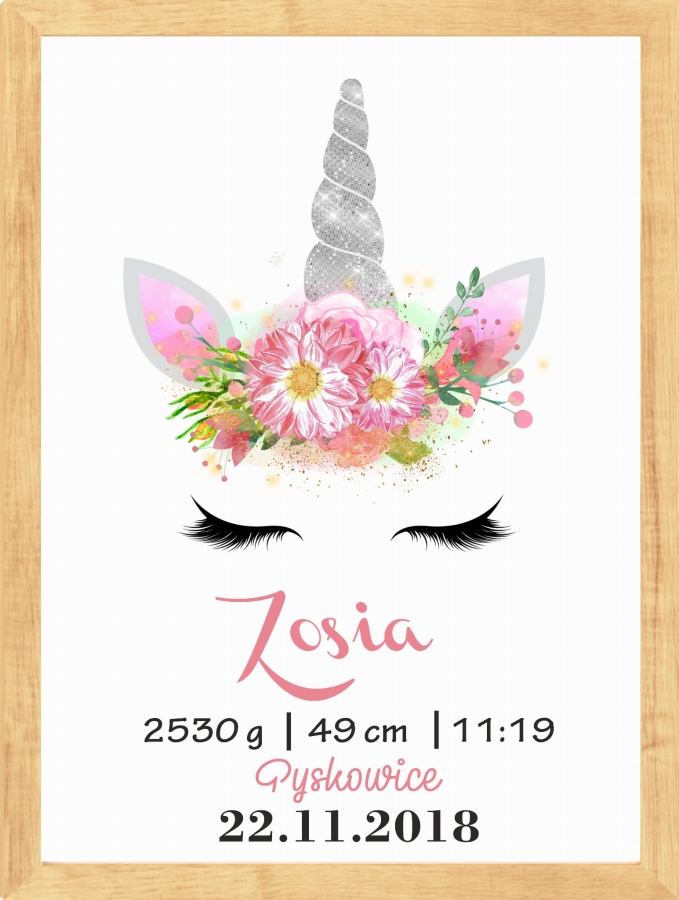 Metryczka dla dziewczynki jednorożec,kwiaty VI   .jpg