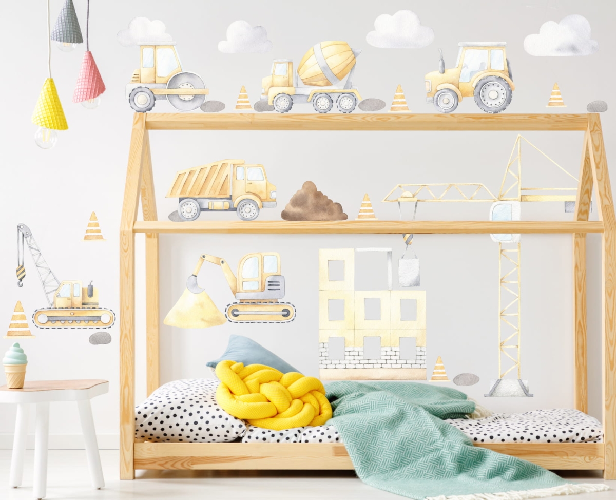 Plac budowy żółty II – naklejki na ścianę dla dzieci z pojazdami budowlanymi