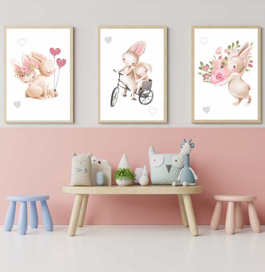 Zestaw 3 plakaty króliczek na rowerze,serduszka.jpg
