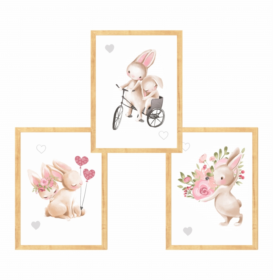 Zestaw 3 plakaty króliczek na rowerze,serduszka .jpg