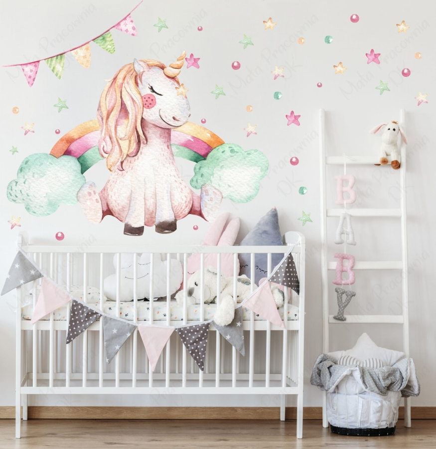 jednorożec tęczowy, gwiazdki , kropki - naklejka na ścianę dla dzieci.jpg
