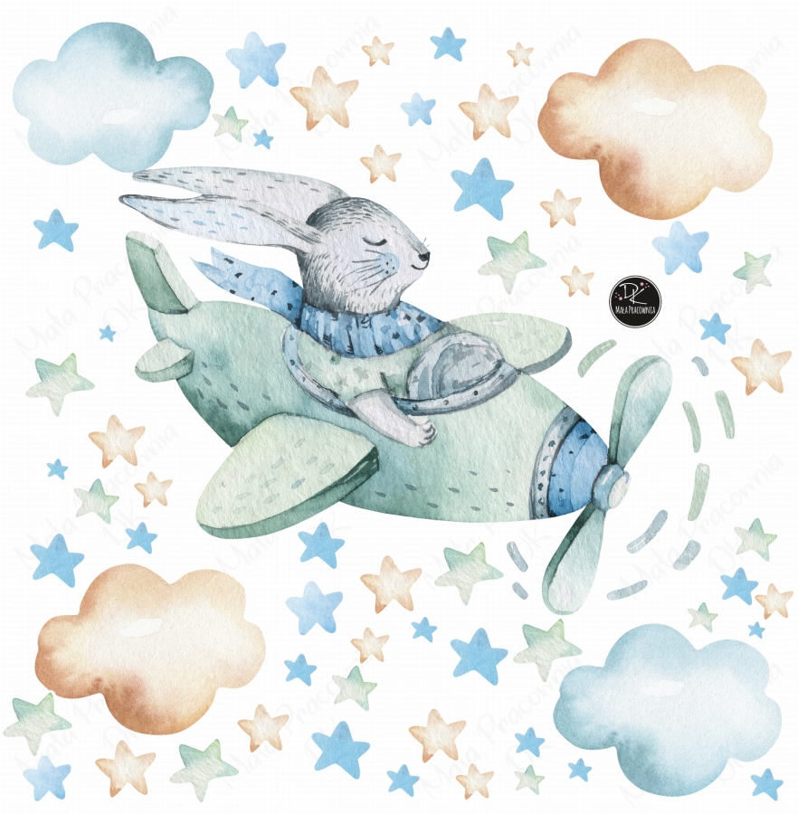 Króliczek w samolocie,chmurki,gwiazdki.jpg