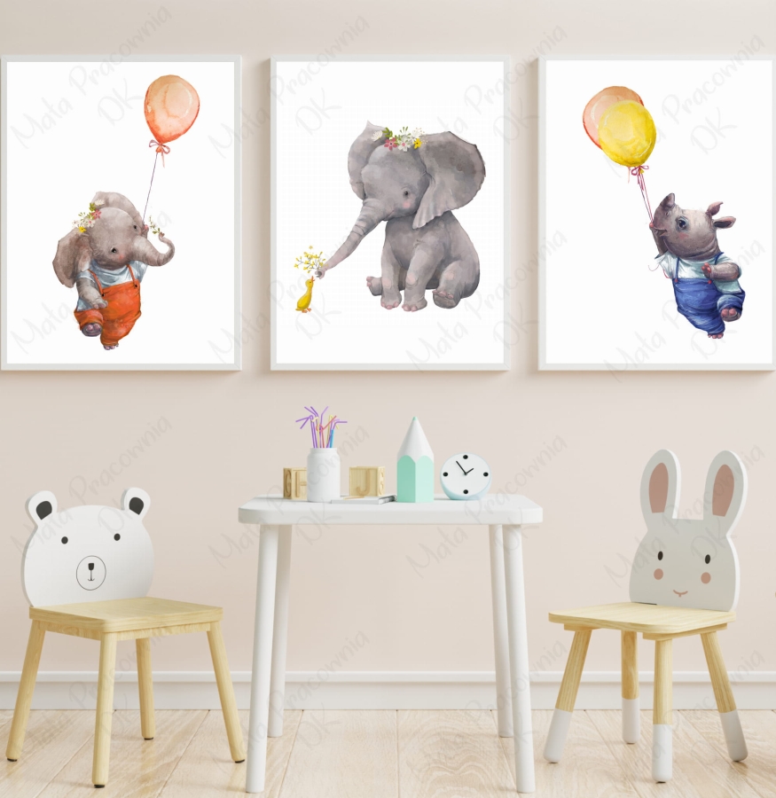 ZESTAW 3 OBRAZKI,HIPOPOTAM,SŁONIKI,BALONIKI .jpg