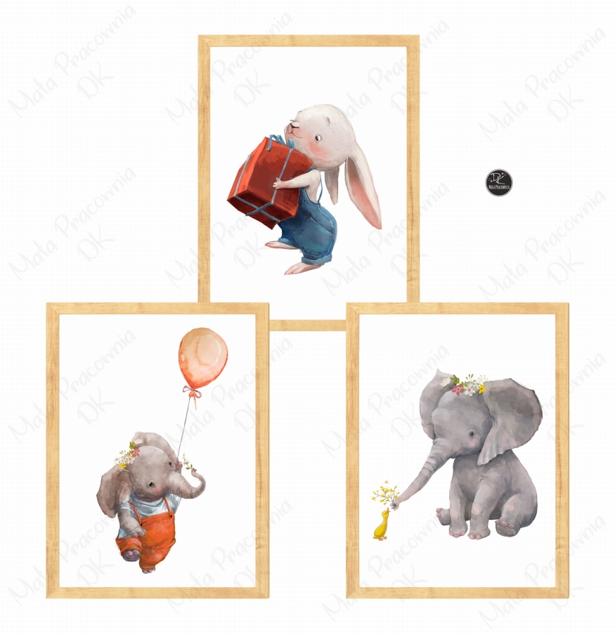 ZESTAW 3 OBRAZKI,SŁONIK,ZAJĄCZEK,PREZENT .jpg