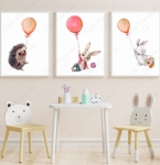 Zestaw 3 obrazki jeż i króliczki z balonami do pokoju dziecka