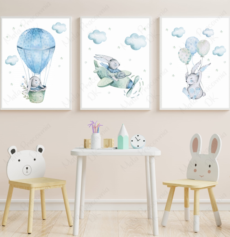 Zestaw 3 plakaty króliczek w balonie,samolot.jpg