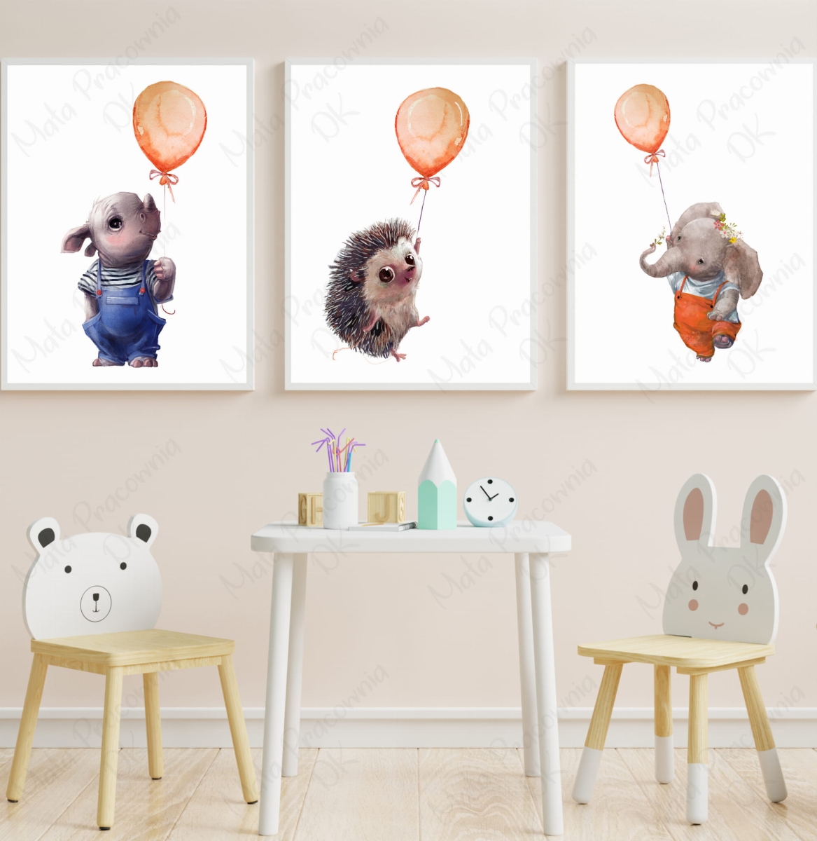 Zestaw 3 Plakatów Nosorożec, Jeż, Słoń z Balonikami.jpg
