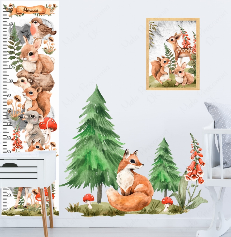 miarka wzrostu dla dzieci mieszkańcy lasu naklejka na ścianę sarenka wiewiórka jeż