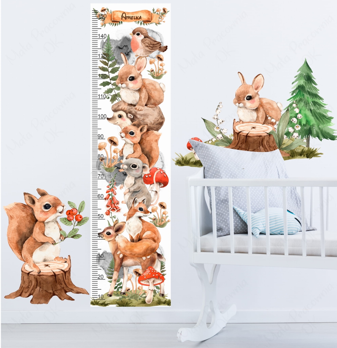 naklejka miarka wzrostu mieszkańcy lasu sarenka jeż świerki