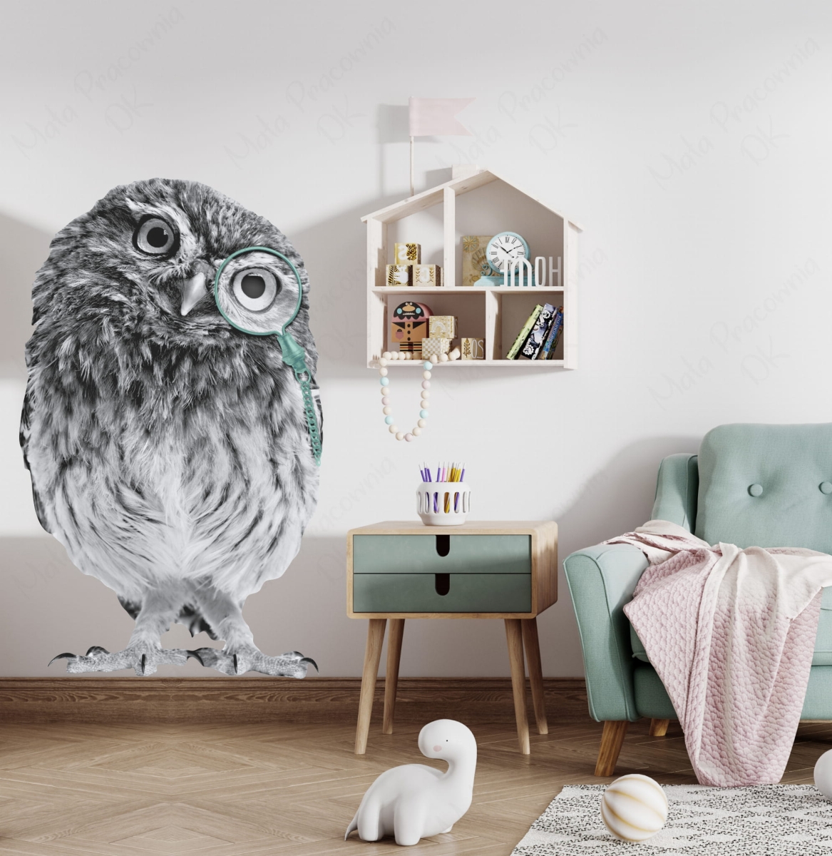 Naklejka sowa w stylu retro – ozdoba ściany w pokoju dziecięcym