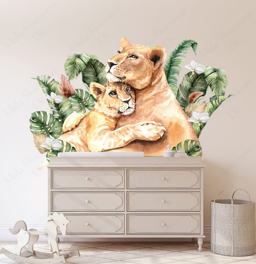 Naklejka lwica, lwiątko  liście tropiki.jpg