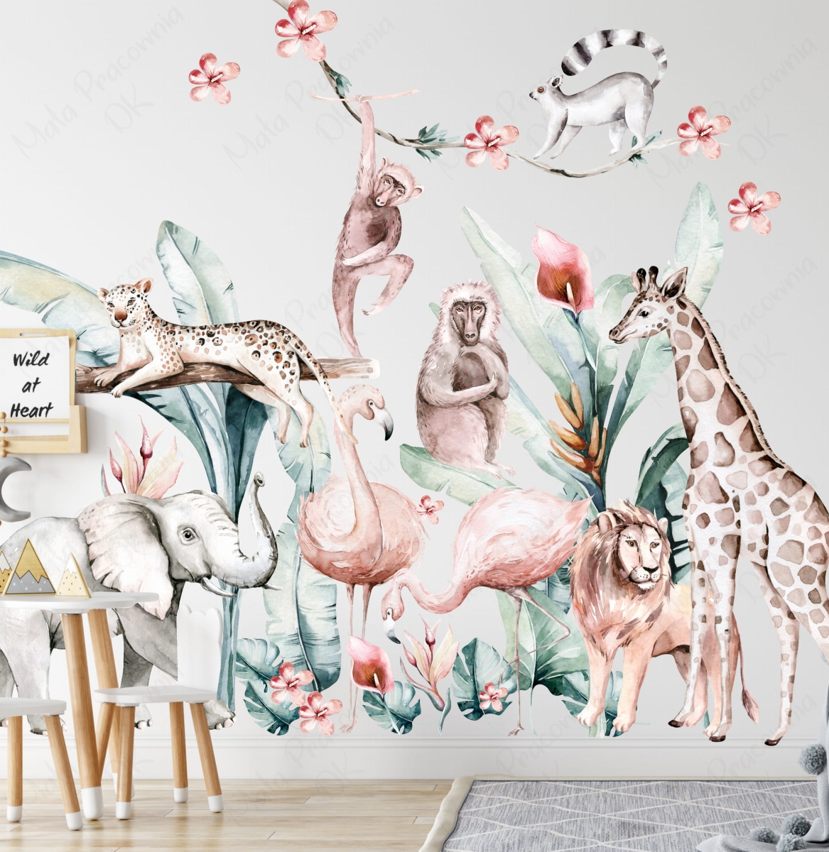 Sawanna lew, słoń , żyrafa ,liście naklejka XXL .jpg