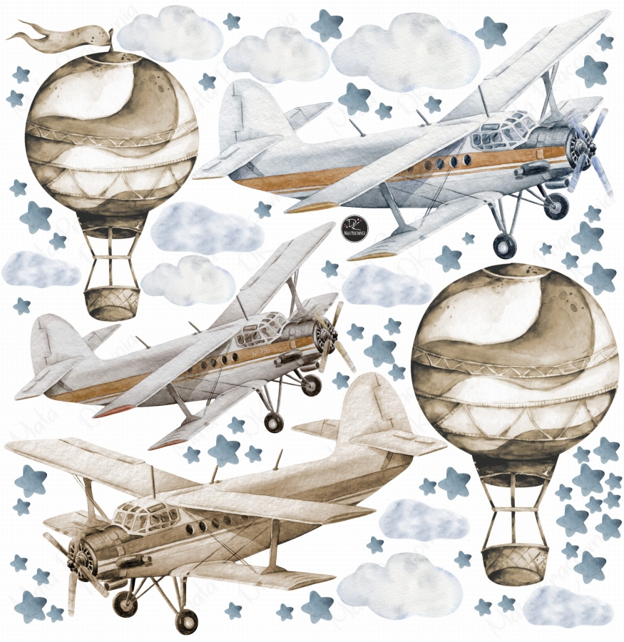Mała Pracownia DK Samoloty retro , balony ,chmurki , gwiazdki naklejka.jpg