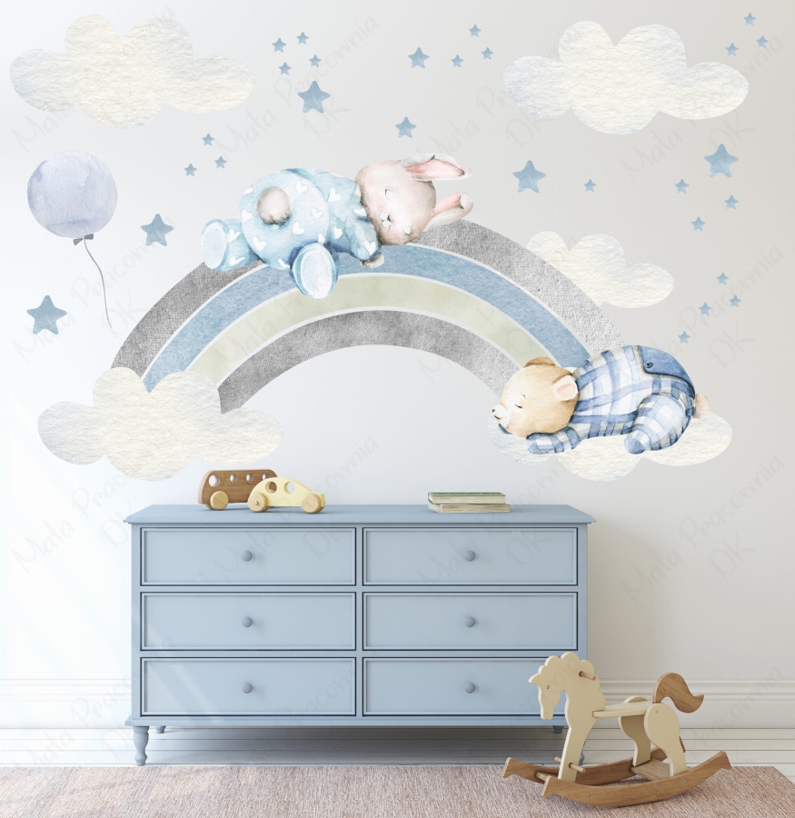 Naklejka pastelowa tęcza,śpiący zajączek , miś.jpg