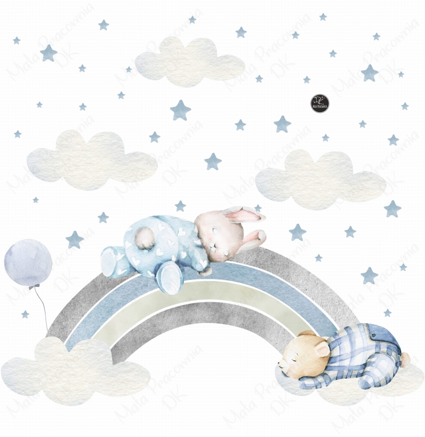 Naklejka pastelowa tęcza,śpiący zajączek ,miś.jpg