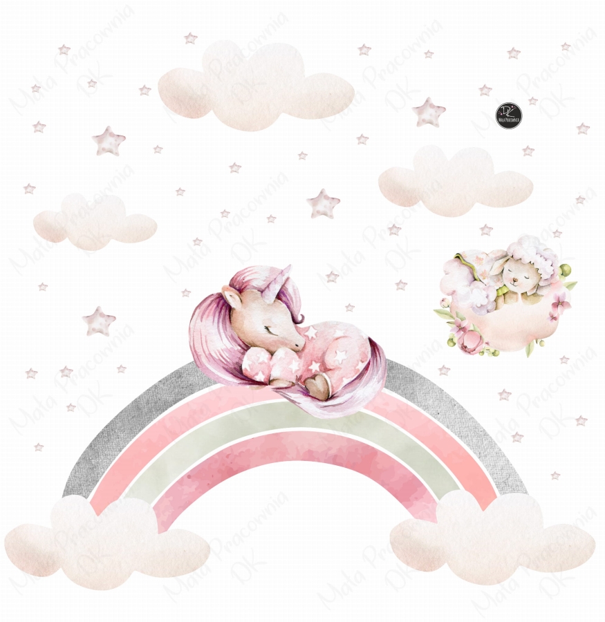 Jednorożec ,tęcza, owieczka na chmurce- pastelowa naklejka.jpg