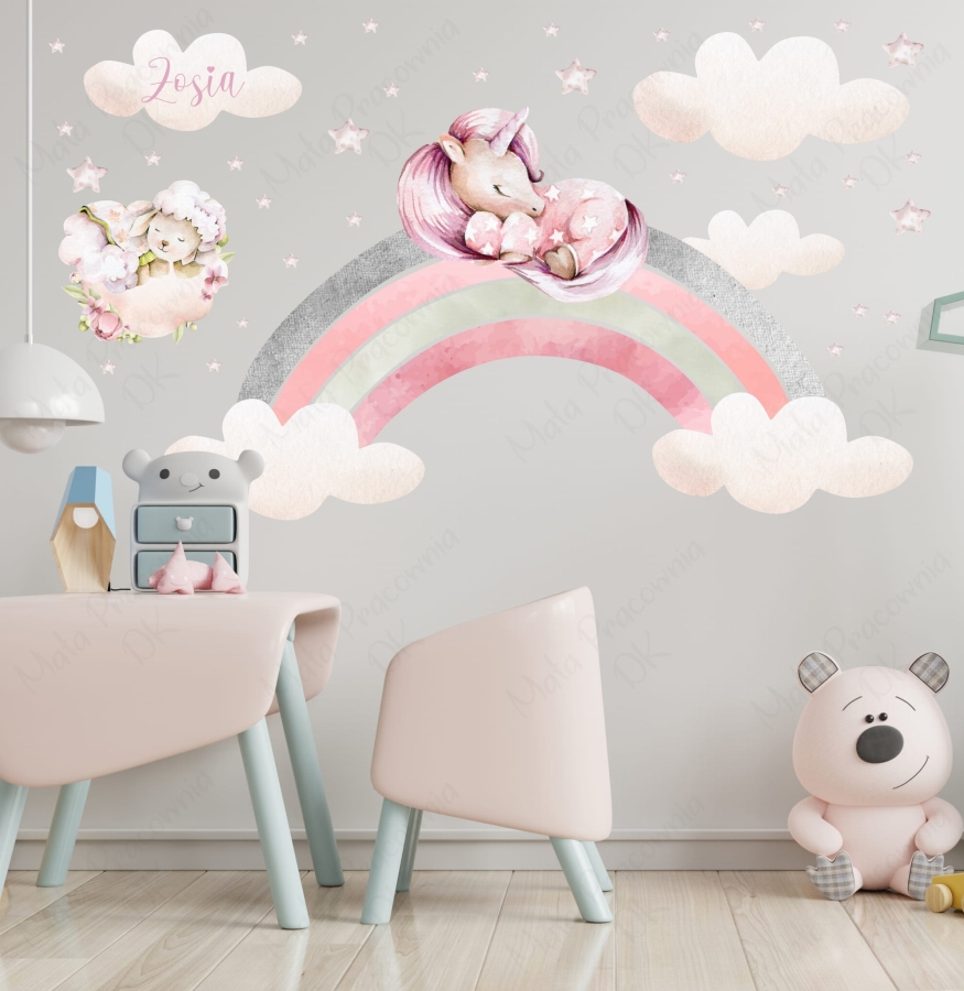 Jednorożec ,tęcza, owieczka na chmurce - pastelowa naklejka.jpg