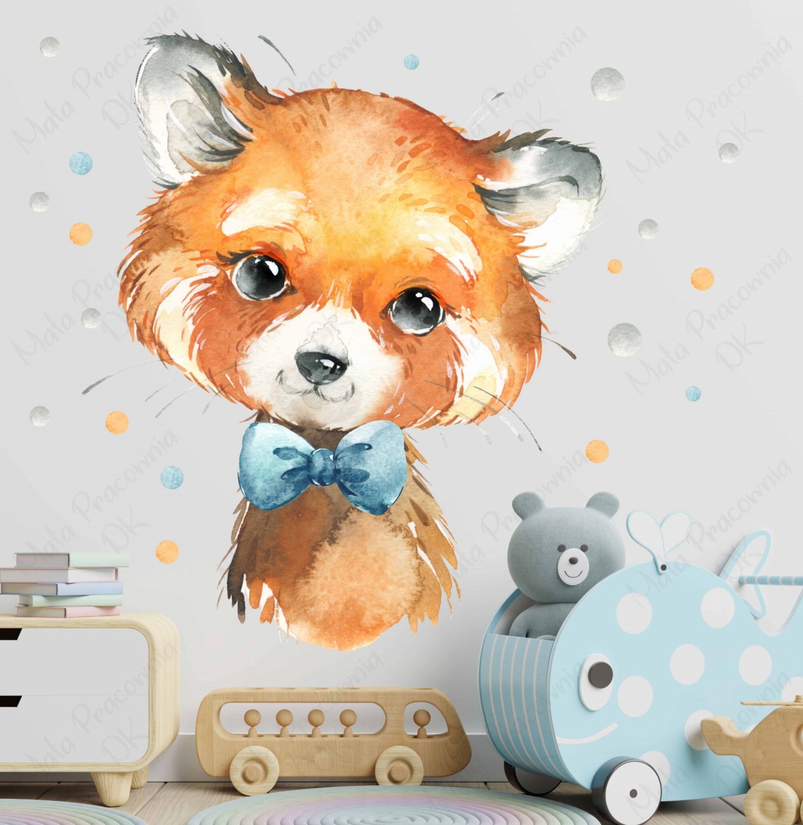 Naklejka na ścianę czerwona panda, konfetti , watercolor Mała Pracownia DK.jpg