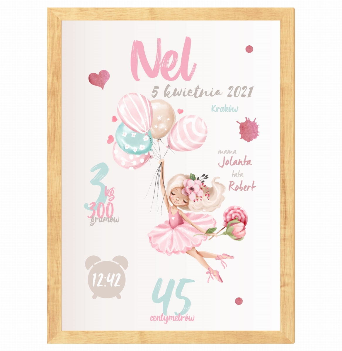 Metryczka -  baletnica , baloniki róż.jpg