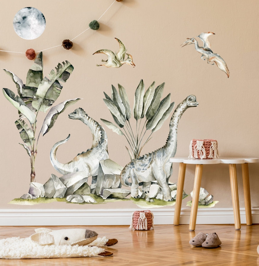 Naklejki ścienne z dinozaurami i roślinami akwarela – Mała Pracownia
