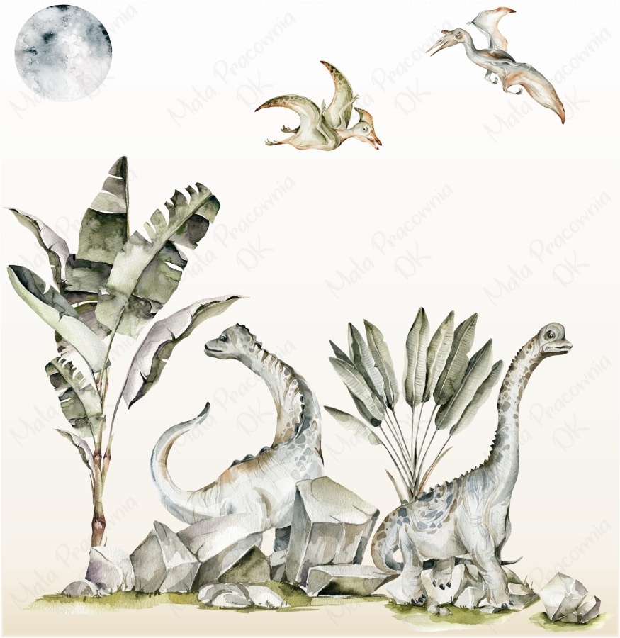 Naklejki ścienne dla dzieci – dinozaury wśród roślin akwarela – Mała Pracownia