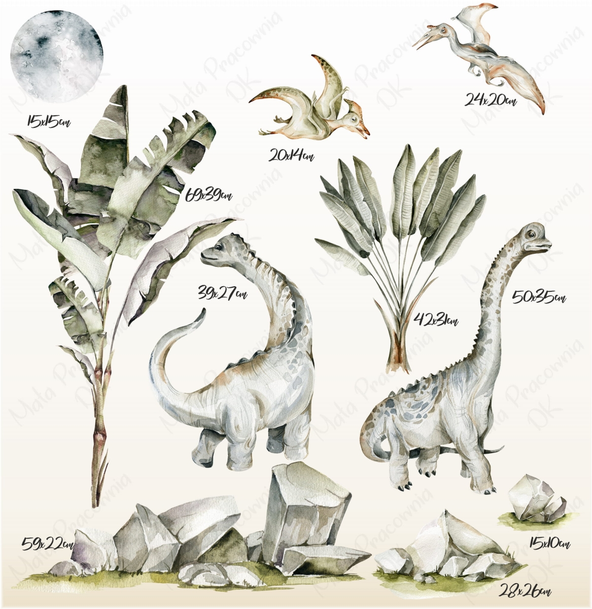 Naklejka na ścianę dla dzieci – dinozaury i rośliny akwarela – wymiary elementów – Mała Pracownia