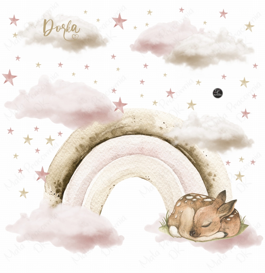 Naklejka pastelowa tęcza, sarenka, chmurki róż - zestaw.jpg