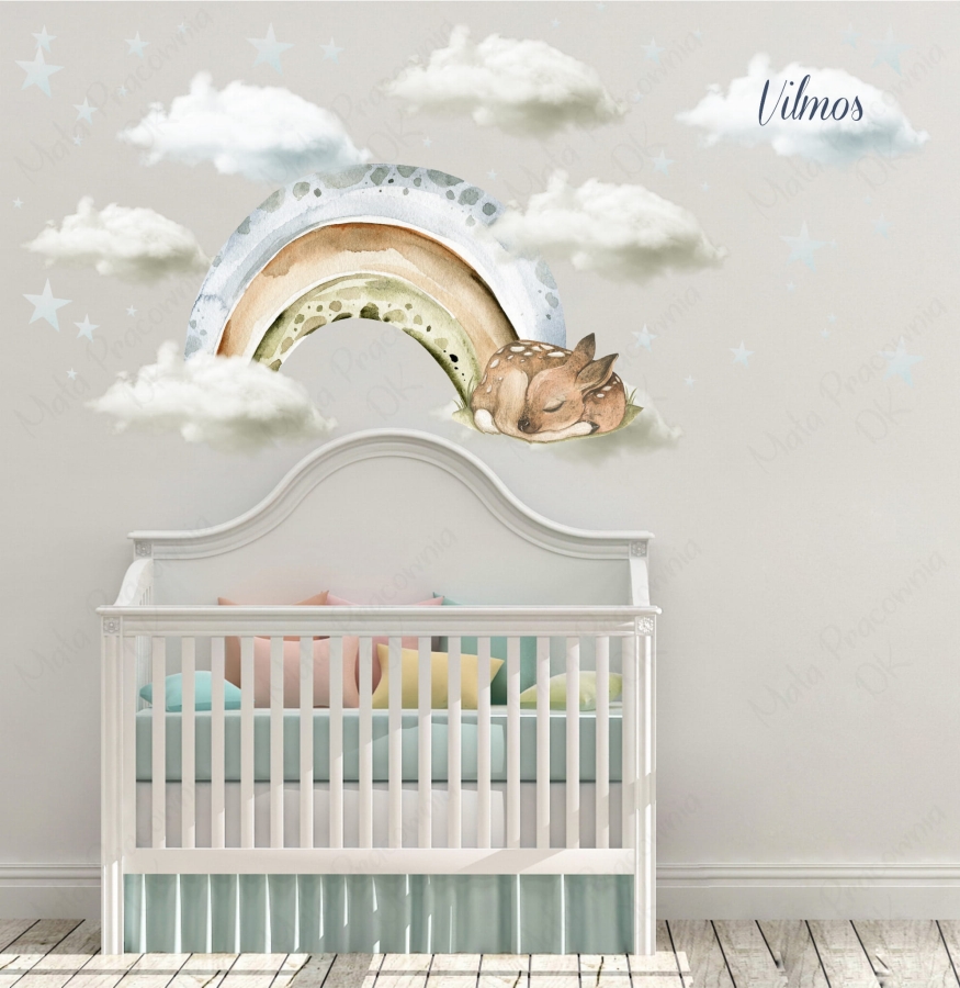 Naklejka pastelowa tęcza, sarenka, chmurki niebieskie - zestaw.jpg