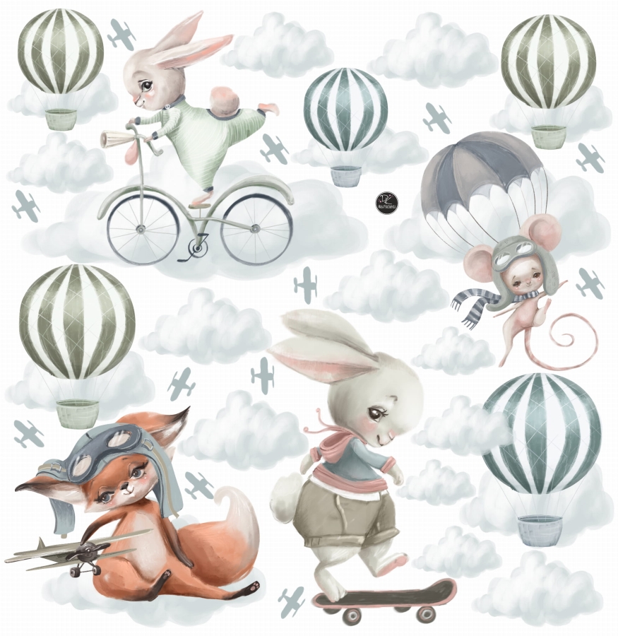 Pastelowe zwierzątka, balony ,chmurki zestaw naklejek.jpg