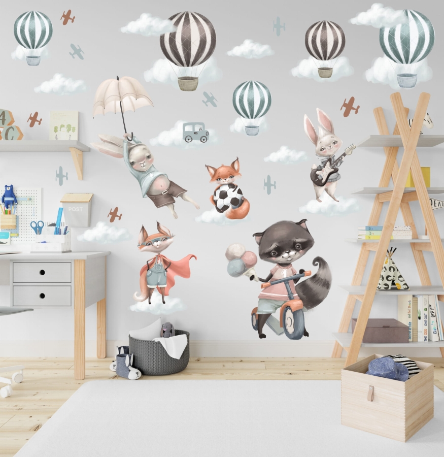 Pastelowy lisek , króliczek balony ,chmurki zestaw naklejek.jpg