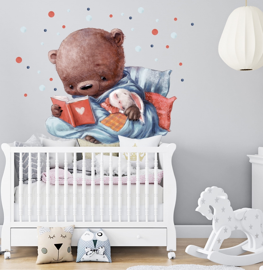 Miś czyta książeczkę zajączkowi , konfetti- naklejka dla dzieci.jpg