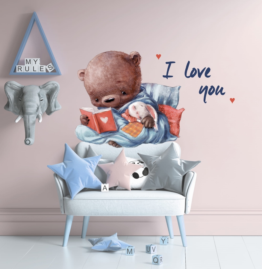 Naklejka miś czytający , zajączek śpiący I love you.jpg