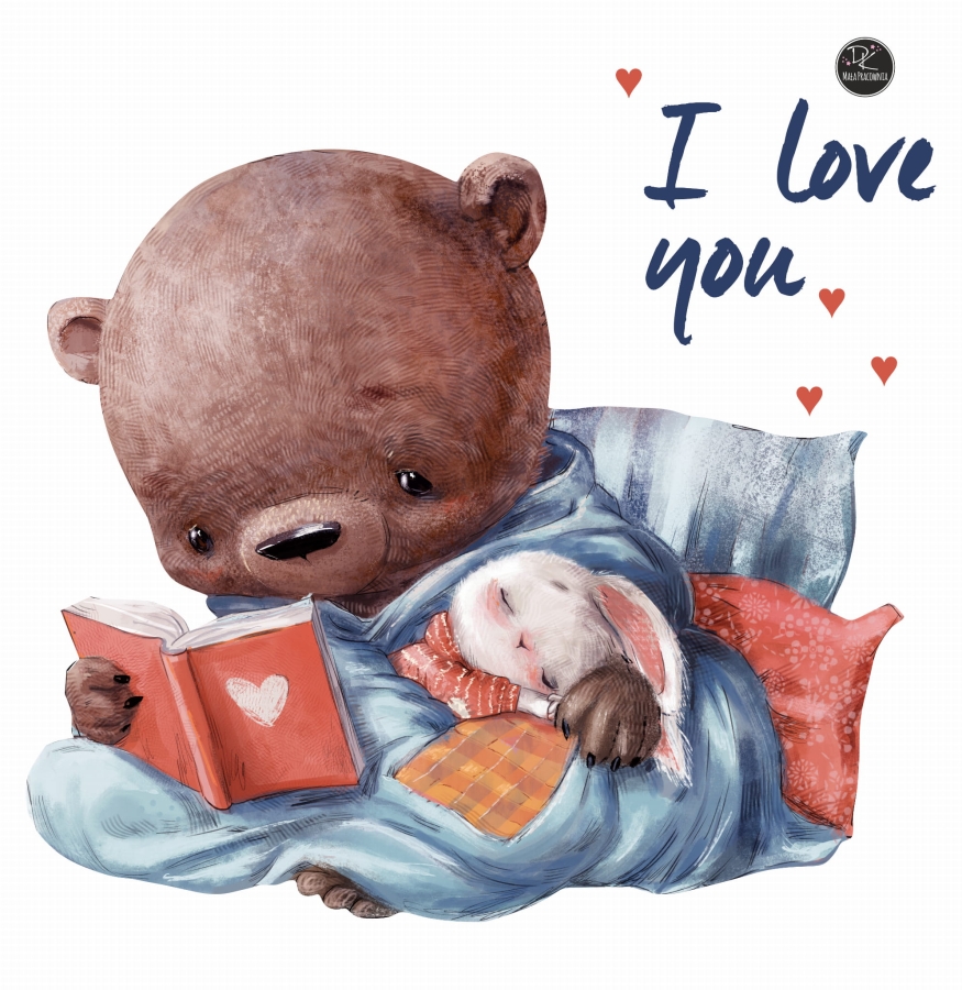 Naklejka miś czytający , zajączek śpiący - I love you.jpg