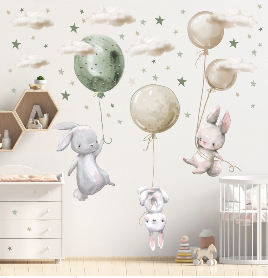 naklejki na ścianę zajączki z balonikami chmurki beżowe