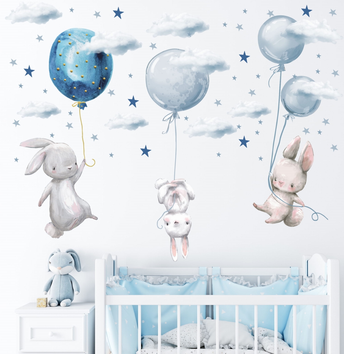 naklejki na ścianę zajączki chmurki baloniki niebieskie