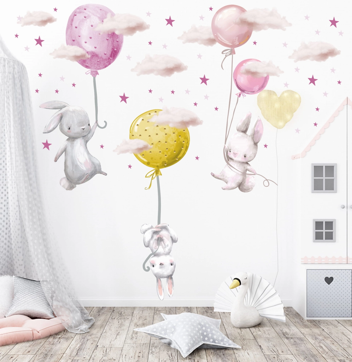 naklejka ścienna z króliczkami balony chmurki pokój dziecka