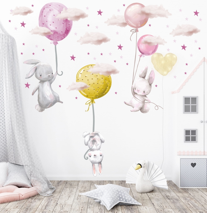 naklejka ścienna z króliczkami balony chmurki pokój dziecka