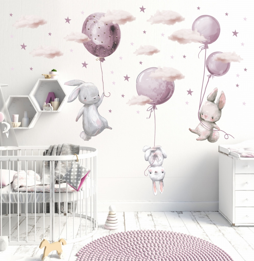 naklejki na ścianę zajączki chmurki baloniki różowe