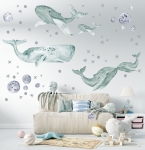 Wieloryby ocean mint - zestaw naklejek ściennych