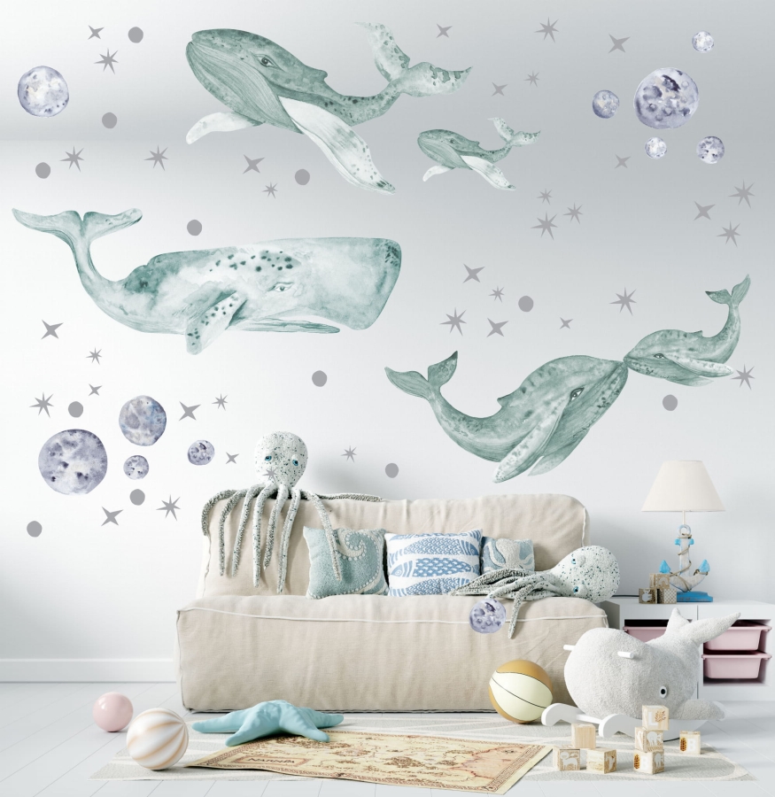 Wieloryby ocean mint - zestaw naklejek ściennych