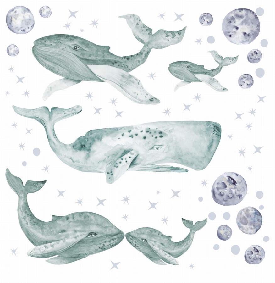 Wieloryby ocean mint - naklejki na ścianę dla dzieci